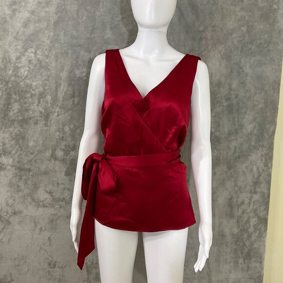 NWT Ann Taylor 100% Silk Sleeveless blouse top women’s 10 Red belted party lined - Picture 1 of 12